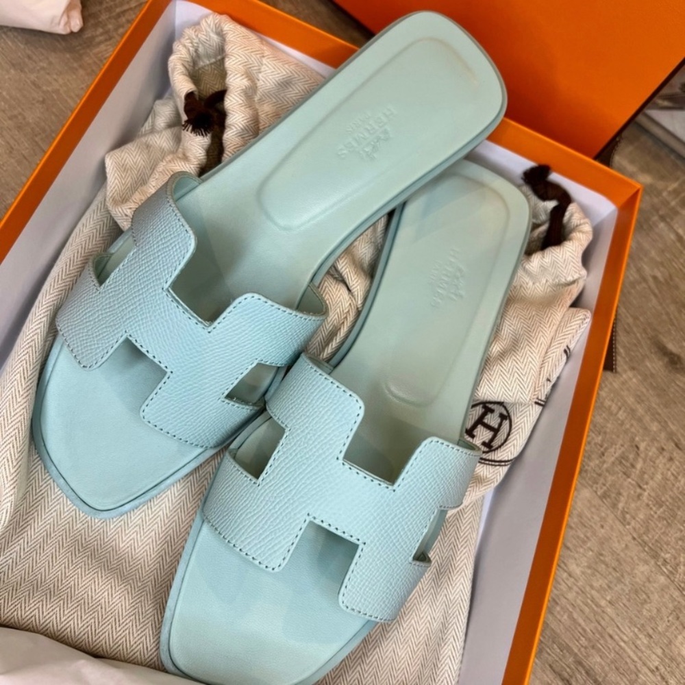HERMES Epsom Oran Sandals 38 Vert Embrun
